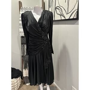 Filigree Black Draped Drop Waist Cocktail-Evening Dress Sequin Shoulder Pads 8